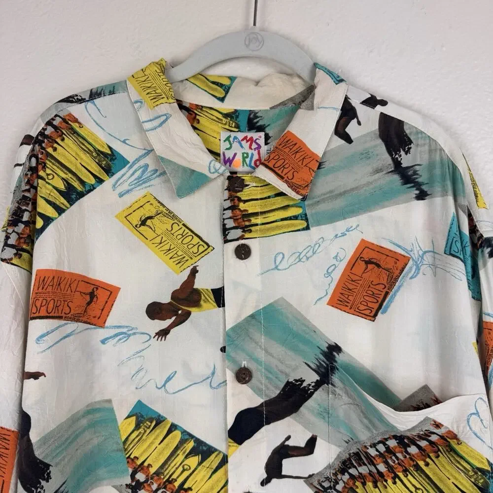 Vintage Jams World Button Down Shirt Waikiki Sports Surfing Hawaiian Beach XL